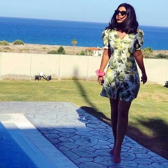 H&M Linen Blend Mini Dress S Lemon Leaf Print Cotton Blogger Fav Summer Vacation - Picture 11 of 14